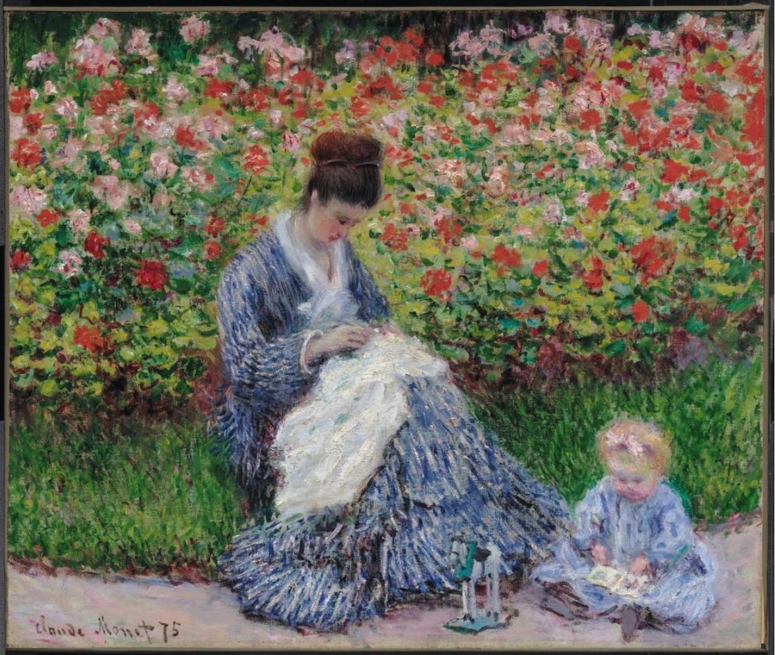 Camille Monet et un enfant dans le jardin de l'artiste à Argenteuil