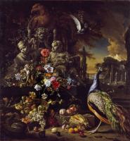 Flowers on a Fountain with a Peacock